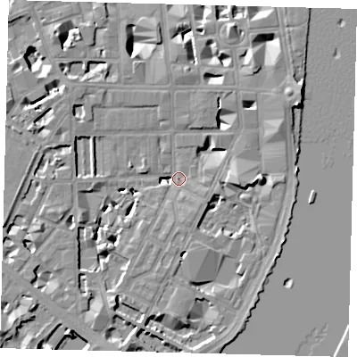 Shaded relief map of the ground around SW1P4LX, computed from Environment Agency LiDAR. The ground here sits at about 3 m above sea level and falls 9 m across the surrounding 800 m. Surface water reaching this point runs off ground lying to the east, 7.4 m higher.
