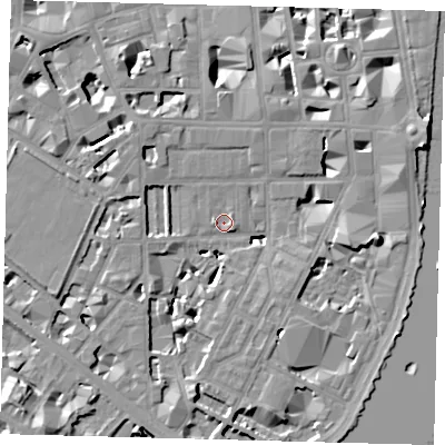 Shaded relief map of the ground around SW1P4NA, computed from Environment Agency LiDAR. The ground here sits at about 3 m above sea level and falls 9 m across the surrounding 800 m. Surface water reaching this point runs off ground lying to the south-west, 6.0 m higher.