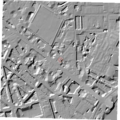 Shaded relief map of the ground around SW1P4NF, computed from Environment Agency LiDAR. The ground here sits at about 4 m above sea level and falls 10 m across the surrounding 800 m. Surface water reaching this point runs off ground lying to the south-south-west, 6.5 m higher.