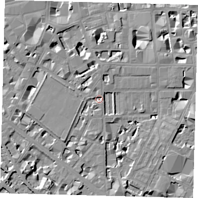 Shaded relief map of the ground around SW1P4NH, computed from Environment Agency LiDAR. The ground here sits at about 3 m above sea level and falls 8 m across the surrounding 800 m. Surface water reaching this point runs off ground lying to the north-east, 2.0 m higher.