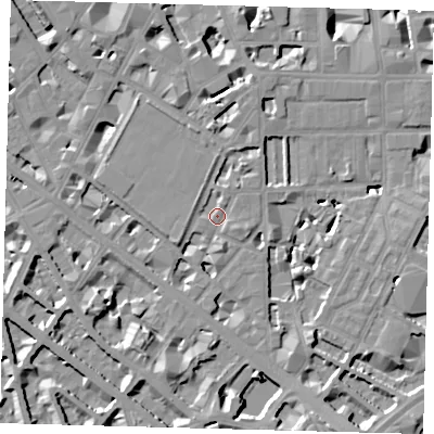 Shaded relief map of the ground around SW1P4NJ, computed from Environment Agency LiDAR. The ground here sits at about 4 m above sea level and falls 9 m across the surrounding 800 m. Surface water reaching this point runs off ground lying to the south-south-west, 6.5 m higher.
