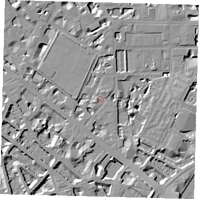 Shaded relief map of the ground around SW1P4NL, computed from Environment Agency LiDAR. The ground here sits at about 4 m above sea level and falls 10 m across the surrounding 800 m. Surface water reaching this point runs off ground lying to the north-north-east, 3.2 m higher.