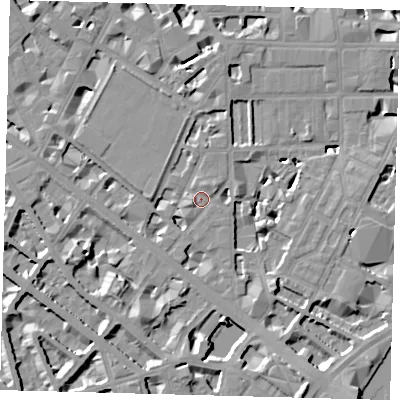 Shaded relief map of the ground around SW1P4NN, computed from Environment Agency LiDAR. The ground here sits at about 4 m above sea level and falls 10 m across the surrounding 800 m. Surface water reaching this point runs off ground lying to the north-north-east, 3.2 m higher.