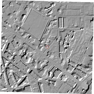 Shaded relief map of the ground around SW1P4NP, computed from Environment Agency LiDAR. The ground here sits at about 2 m above sea level and falls 10 m across the surrounding 800 m. Surface water reaching this point runs off ground lying to the south-south-west, 6.5 m higher.