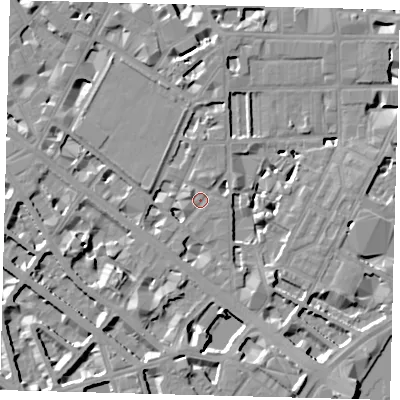 Shaded relief map of the ground around SW1P4NR, computed from Environment Agency LiDAR. The ground here sits at about 4 m above sea level and falls 10 m across the surrounding 800 m. Surface water reaching this point runs off ground lying to the north, 3.2 m higher.