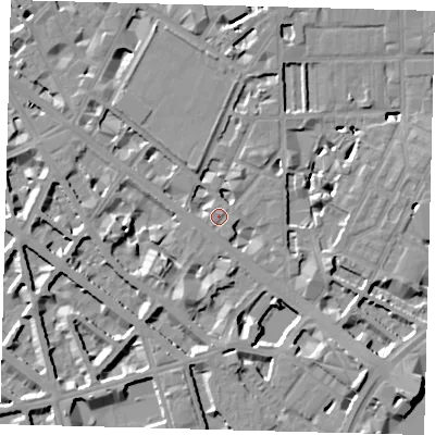 Shaded relief map of the ground around SW1P4NS, computed from Environment Agency LiDAR. The ground here sits at about 4 m above sea level and falls 10 m across the surrounding 800 m. Surface water reaching this point runs off ground lying to the south-south-west, 6.5 m higher.