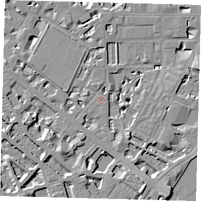 Shaded relief map of the ground around SW1P4NW, computed from Environment Agency LiDAR. The ground here sits at about 4 m above sea level and falls 10 m across the surrounding 800 m. Surface water reaching this point runs off ground lying to the north-east, 2.8 m higher.