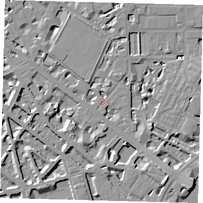 Shaded relief map of the ground around SW1P4NX, computed from Environment Agency LiDAR. The ground here sits at about 4 m above sea level and falls 10 m across the surrounding 800 m. Surface water reaching this point runs off ground lying to the south-south-west, 6.5 m higher.