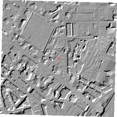 Shaded relief map of the ground around SW1P4NY, computed from Environment Agency LiDAR. The ground here sits at about 4 m above sea level and falls 10 m across the surrounding 800 m. Surface water reaching this point runs off ground lying to the north, 3.2 m higher.