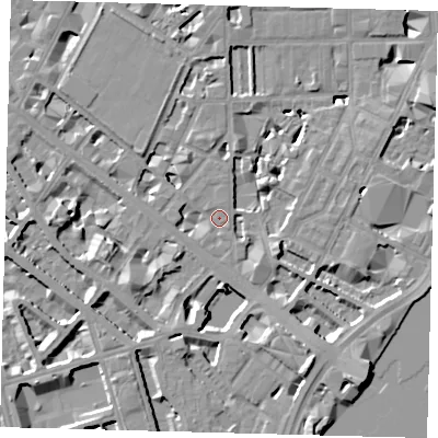 Shaded relief map of the ground around SW1P4NZ, computed from Environment Agency LiDAR. The ground here sits at about 4 m above sea level and falls 10 m across the surrounding 800 m. Surface water reaching this point runs off ground lying to the south-west, 6.5 m higher.