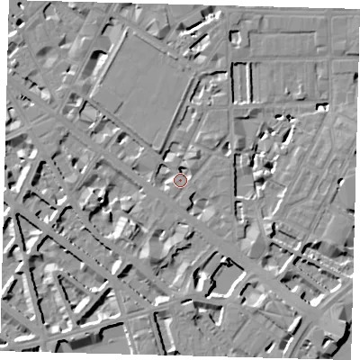 Shaded relief map of the ground around SW1P4PA, computed from Environment Agency LiDAR. The ground here sits at about 4 m above sea level and falls 10 m across the surrounding 800 m. Surface water reaching this point runs off ground lying to the south-south-west, 6.5 m higher.