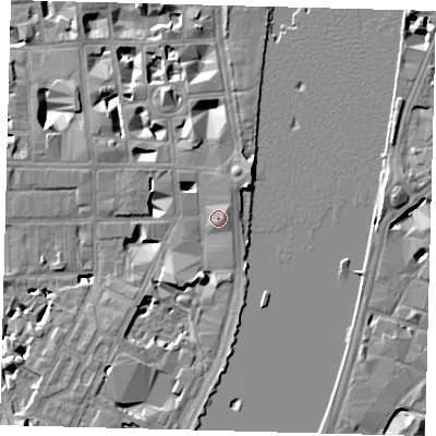 Shaded relief map of the ground around SW1P4PN, computed from Environment Agency LiDAR. The ground here sits at about 6 m above sea level and falls 9 m across the surrounding 800 m. Surface water reaching this point runs off ground lying to the north-east, 1.4 m higher.