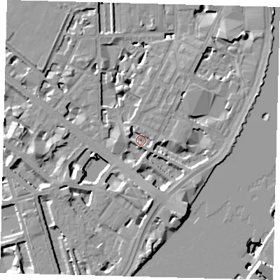 Shaded relief map of the ground around SW1P4PP, computed from Environment Agency LiDAR. The ground here sits at about 3 m above sea level and falls 14 m across the surrounding 800 m. Surface water reaching this point runs off ground lying to the south-south-east, 3.0 m higher.