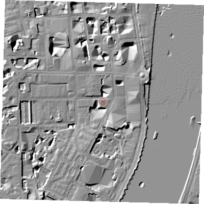 Shaded relief map of the ground around SW1P4PQ, computed from Environment Agency LiDAR. The ground here sits at about 4 m above sea level and falls 9 m across the surrounding 800 m. Surface water reaching this point runs off ground lying to the south-east, 7.3 m higher.