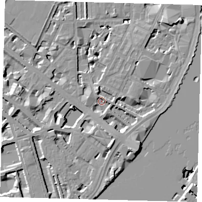 Shaded relief map of the ground around SW1P4PR, computed from Environment Agency LiDAR. The ground here sits at about 3 m above sea level and falls 14 m across the surrounding 800 m. Surface water reaching this point runs off ground lying to the east-south-east, 3.0 m higher.