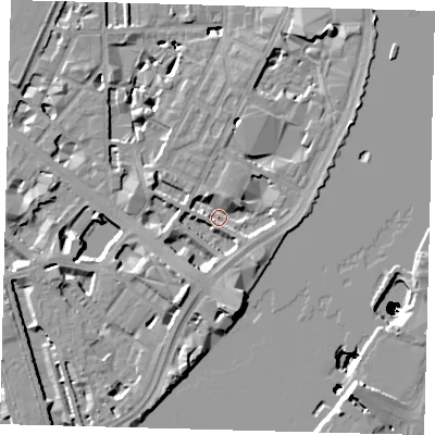 Shaded relief map of the ground around SW1P4PS, computed from Environment Agency LiDAR. The ground here sits at about 2 m above sea level and falls 50 m across the surrounding 800 m. Surface water reaching this point runs off ground lying to the south-south-west, 5.1 m higher.