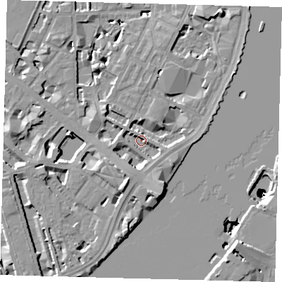 Shaded relief map of the ground around SW1P4PT, computed from Environment Agency LiDAR. The ground here sits at about 3 m above sea level and falls 50 m across the surrounding 800 m. Surface water reaching this point runs off ground lying to the south, 5.0 m higher.