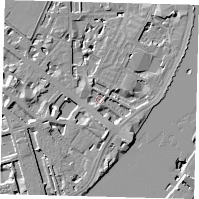 Shaded relief map of the ground around SW1P4PU, computed from Environment Agency LiDAR. The ground here sits at about 3 m above sea level and falls 14 m across the surrounding 800 m. Surface water reaching this point runs off ground lying to the south-south-east, 4.3 m higher.