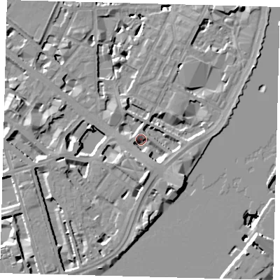 Shaded relief map of the ground around SW1P4PX, computed from Environment Agency LiDAR. The ground here sits at about 4 m above sea level and falls 14 m across the surrounding 800 m. Surface water reaching this point runs off ground lying to the south-south-east, 4.2 m higher.