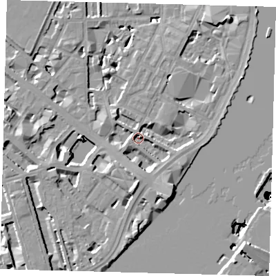 Shaded relief map of the ground around SW1P4PY, computed from Environment Agency LiDAR. The ground here sits at about 2 m above sea level and falls 50 m across the surrounding 800 m. Surface water reaching this point runs off ground lying to the south, 5.1 m higher.