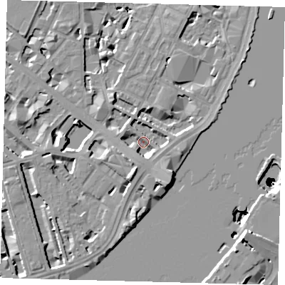 Shaded relief map of the ground around SW1P4PZ, computed from Environment Agency LiDAR. The ground here sits at about 3 m above sea level and falls 50 m across the surrounding 800 m. Surface water reaching this point runs off ground lying to the south, 4.3 m higher.