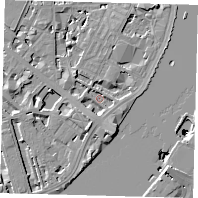 Shaded relief map of the ground around SW1P4QA, computed from Environment Agency LiDAR. The ground here sits at about 2 m above sea level and falls 50 m across the surrounding 800 m. Surface water reaching this point runs off ground lying to the south, 4.3 m higher.