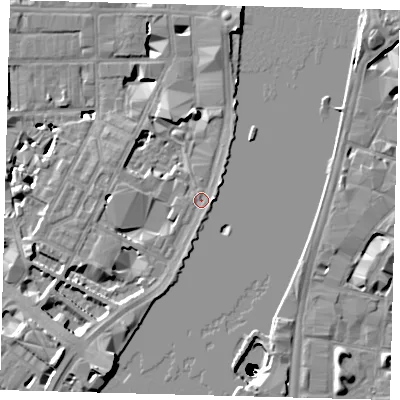 Shaded relief map of the ground around SW1P4RE, computed from Environment Agency LiDAR. The ground here sits at about 4 m above sea level and falls 50 m across the surrounding 800 m. Surface water reaching this point runs off ground lying to the south-south-west, 5.4 m higher.
