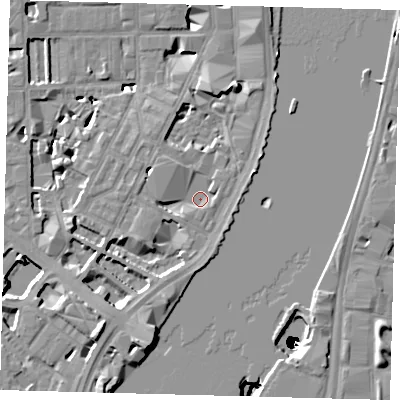 Shaded relief map of the ground around SW1P4RG, computed from Environment Agency LiDAR. The ground here sits at about 3 m above sea level and falls 50 m across the surrounding 800 m. Surface water reaching this point runs off ground lying to the east-south-east, 1.7 m higher.