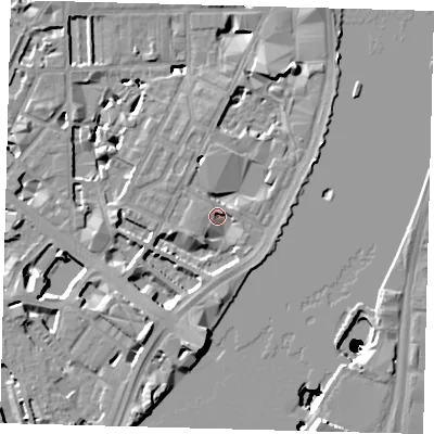 Shaded relief map of the ground around SW1P4RJ, computed from Environment Agency LiDAR. The ground here sits at about 4 m above sea level and falls 50 m across the surrounding 800 m. Surface water reaching this point runs off ground lying to the south-south-west, 5.1 m higher.