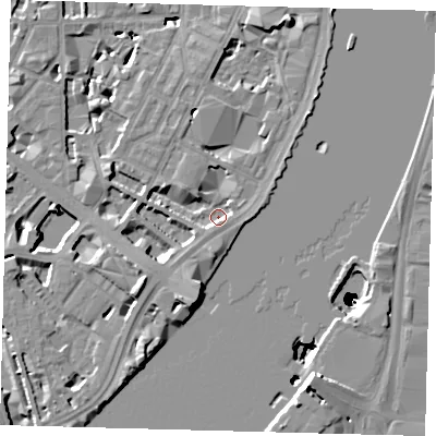 Shaded relief map of the ground around SW1P4RL, computed from Environment Agency LiDAR. The ground here sits at about 3 m above sea level and falls 50 m across the surrounding 800 m. Surface water reaching this point runs off ground lying to the south-west, 3.2 m higher.
