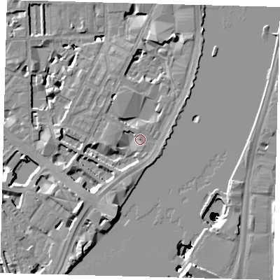 Shaded relief map of the ground around SW1P4RQ, computed from Environment Agency LiDAR. The ground here sits at about 4 m above sea level and falls 50 m across the surrounding 800 m. Surface water reaching this point runs off ground lying to the south-west, 5.1 m higher.