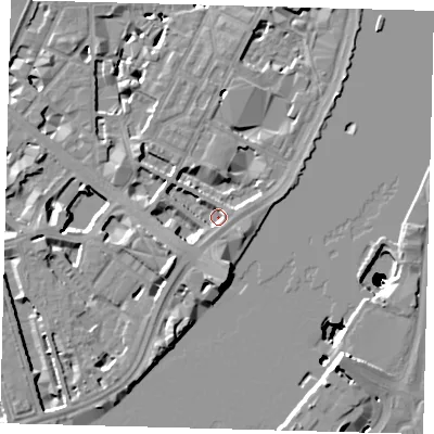 Shaded relief map of the ground around SW1P4RW, computed from Environment Agency LiDAR. The ground here sits at about 3 m above sea level and falls 50 m across the surrounding 800 m. Surface water reaching this point runs off ground lying to the south-south-west, 4.0 m higher.