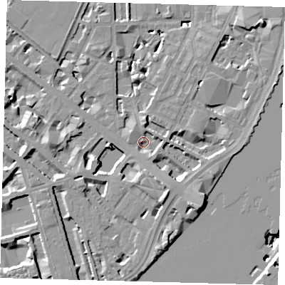 Shaded relief map of the ground around SW1P4RZ, computed from Environment Agency LiDAR. The ground here sits at about 3 m above sea level and falls 14 m across the surrounding 800 m. Surface water reaching this point runs off ground lying to the east, 3.0 m higher.