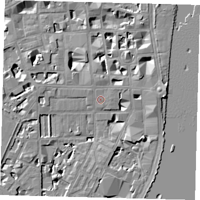 Shaded relief map of the ground around SW1P4SA, computed from Environment Agency LiDAR. The ground here sits at about 4 m above sea level and falls 9 m across the surrounding 800 m. Surface water reaching this point runs off ground lying to the north-north-west, 0.9 m higher.