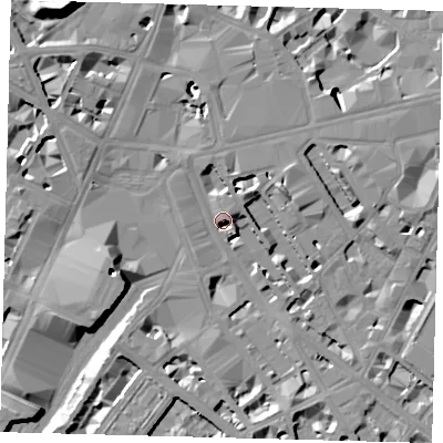Shaded relief map of the ground around SW1V1AA, computed from Environment Agency LiDAR. The ground here sits at about 4 m above sea level and falls 19 m across the surrounding 800 m. Surface water reaching this point runs off ground lying to the south-south-east, 6.6 m higher.