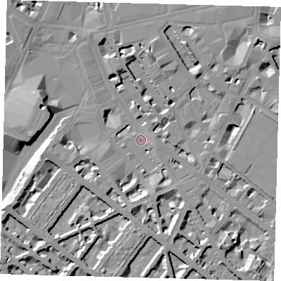 Shaded relief map of the ground around SW1V1AD, computed from Environment Agency LiDAR. The ground here sits at about 4 m above sea level and falls 10 m across the surrounding 800 m. Surface water reaching this point runs off ground lying to the south, 2.7 m higher.