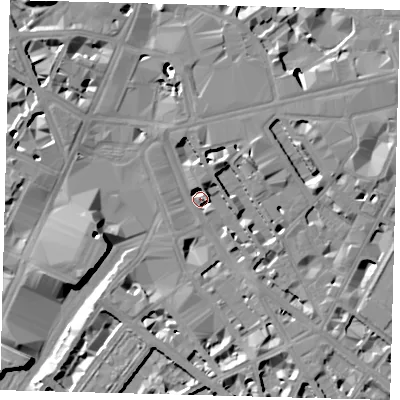 Shaded relief map of the ground around SW1V1AE, computed from Environment Agency LiDAR. The ground here sits at about 3 m above sea level and falls 14 m across the surrounding 800 m. Surface water reaching this point runs off ground lying to the south-south-east, 6.6 m higher.