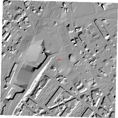 Shaded relief map of the ground around SW1V1AF, computed from Environment Agency LiDAR. The ground here sits at about 4 m above sea level and falls 13 m across the surrounding 800 m. Surface water reaching this point runs off ground lying to the west-north-west, 8.6 m higher.