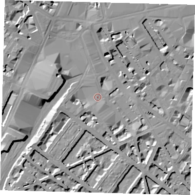Shaded relief map of the ground around SW1V1AG, computed from Environment Agency LiDAR. The ground here sits at about 4 m above sea level and falls 10 m across the surrounding 800 m. Surface water reaching this point runs off ground lying to the west-south-west, 5.2 m higher.