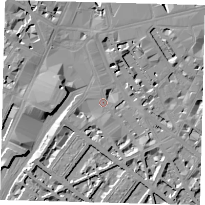 Shaded relief map of the ground around SW1V1AJ, computed from Environment Agency LiDAR. The ground here sits at about 4 m above sea level and falls 13 m across the surrounding 800 m. Surface water reaching this point runs off ground lying to the south-south-east, 4.8 m higher.
