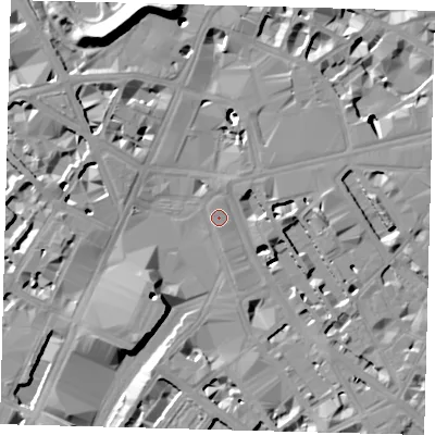 Shaded relief map of the ground around SW1V1AN, computed from Environment Agency LiDAR. The ground here sits at about 4 m above sea level and falls 19 m across the surrounding 800 m. Surface water reaching this point runs off ground lying to the south, 0.6 m higher.