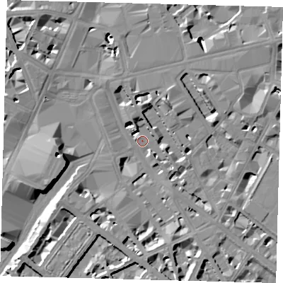 Shaded relief map of the ground around SW1V1BB, computed from Environment Agency LiDAR. The ground here sits at about 3 m above sea level and falls 13 m across the surrounding 800 m. Surface water reaching this point runs off ground lying to the south-south-east, 5.2 m higher.