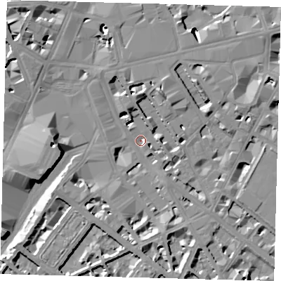Shaded relief map of the ground around SW1V1BP, computed from Environment Agency LiDAR. The ground here sits at about 2 m above sea level and falls 13 m across the surrounding 800 m. Surface water reaching this point runs off ground lying to the south, 5.2 m higher.