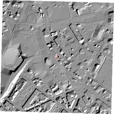 Shaded relief map of the ground around SW1V1BS, computed from Environment Agency LiDAR. The ground here sits at about 5 m above sea level and falls 13 m across the surrounding 800 m. Surface water reaching this point runs off ground lying to the south, 4.8 m higher.