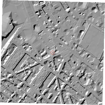 Shaded relief map of the ground around SW1V1DL, computed from Environment Agency LiDAR. The ground here sits at about 6 m above sea level and falls 10 m across the surrounding 800 m. Surface water reaching this point runs off ground lying to the south-south-west, 3.6 m higher.