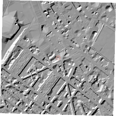 Shaded relief map of the ground around SW1V1DN, computed from Environment Agency LiDAR. The ground here sits at about 3 m above sea level and falls 10 m across the surrounding 800 m. Surface water reaching this point runs off ground lying to the south-south-west, 4.5 m higher.