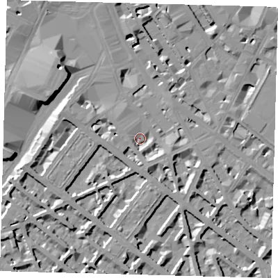 Shaded relief map of the ground around SW1V1DP, computed from Environment Agency LiDAR. The ground here sits at about 3 m above sea level and falls 10 m across the surrounding 800 m. Surface water reaching this point runs off ground lying to the south-south-east, 4.8 m higher.