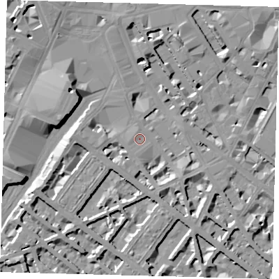 Shaded relief map of the ground around SW1V1DT, computed from Environment Agency LiDAR. The ground here sits at about 4 m above sea level and falls 10 m across the surrounding 800 m. Surface water reaching this point runs off ground lying to the south-south-east, 4.8 m higher.