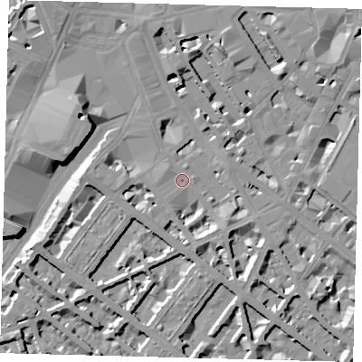 Shaded relief map of the ground around SW1V1DU, computed from Environment Agency LiDAR. The ground here sits at about 4 m above sea level and falls 10 m across the surrounding 800 m. Surface water reaching this point runs off ground lying to the south-south-east, 4.8 m higher.