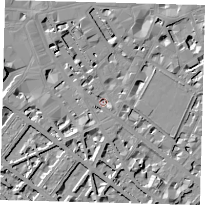 Shaded relief map of the ground around SW1V1DX, computed from Environment Agency LiDAR. The ground here sits at about 2 m above sea level and falls 11 m across the surrounding 800 m. Surface water reaching this point runs off ground lying to the south, 3.9 m higher.